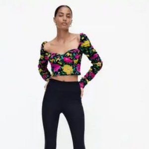 ZARA Black and Floral Printed Ruffled Corset Detail Top